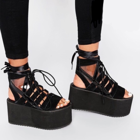 YRU Shoes - YRU Black suede Chunky PLATFORM Sandals lace up 10